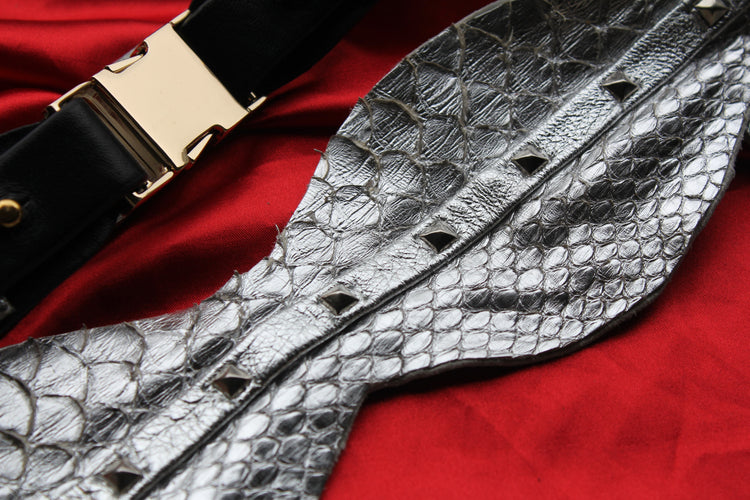 Silver python skin and leather bow tie.