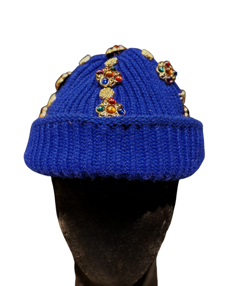 Royal blue woven cap with embellishments 