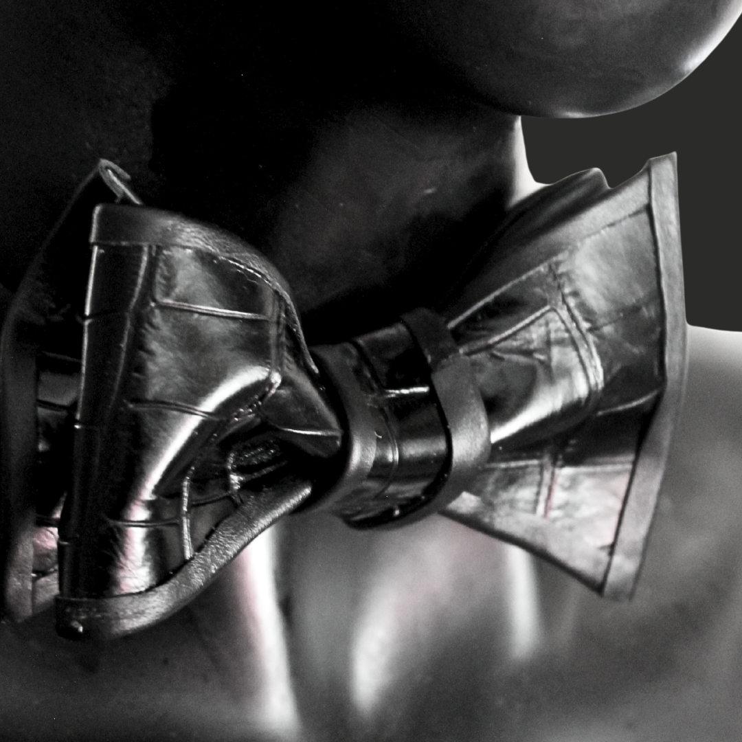 Black leather croc print bow tie 