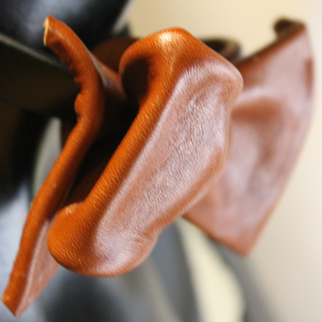 Close-up of a brown leather strap with a blurred background
