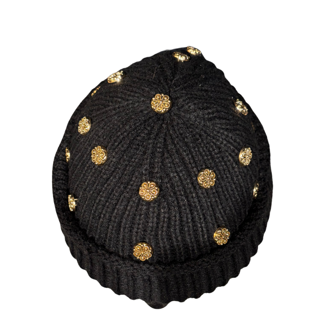 Black knit beanie with gold vintage buttons 
