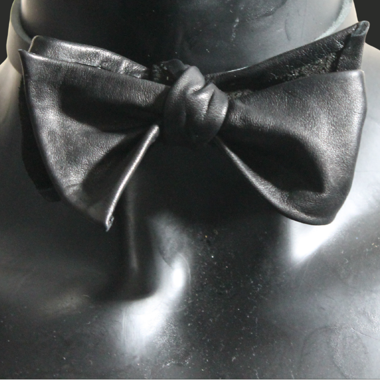 Lambskin black leather bow tie 