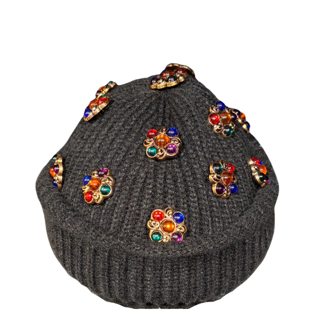Black Bennie cap with vintage gold buttons 