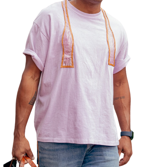 Lavender T-shirt with snakeskin bow tie 