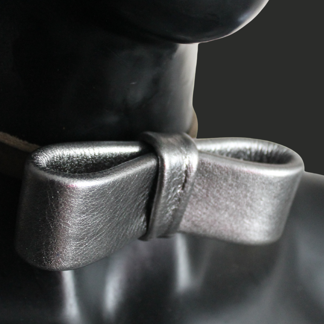 Metallic silver grey leather bow tie 