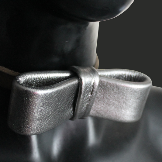 Metallic silver grey leather bow tie 