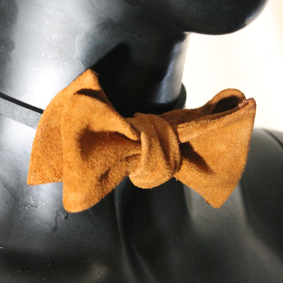 Camel Brown Suede Leather Bow Tie 