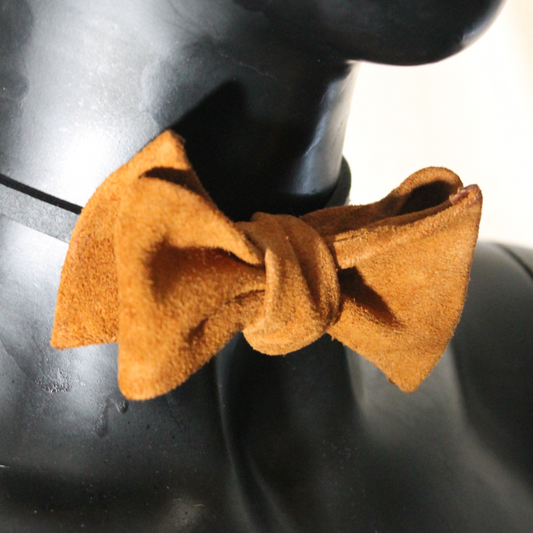 Camel Brown Suede Leather Bow Tie 