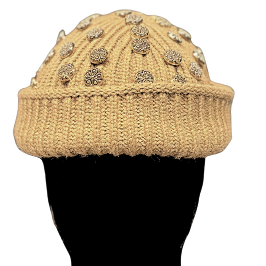 Sand in color woven cap with gold vintage buttons 