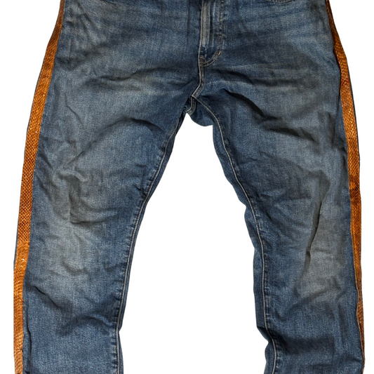 Blue jeans with gold zipper and snakeskin