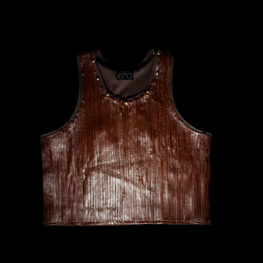 Brown leather vest with decorative studs on a black background