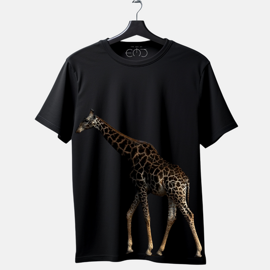Black t-shirt with a giraffe design on a hanger against a white background